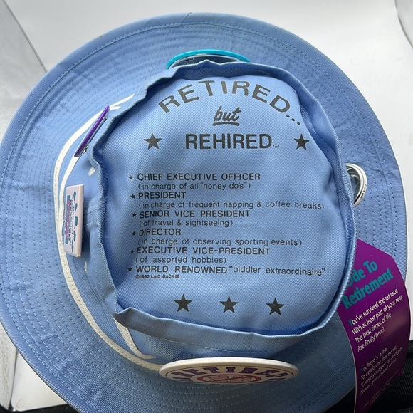 Vtg 1992 Laid Back Retirement Bucket Hat Gag Gift Blue Buttons Retired Rehired - Picture 6 of 9